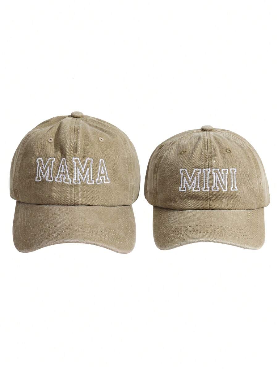 2入組母女配對帽子套裝，刺繡字母'MAMA MINI'，親子款棒球帽，母親節和兒童節禮物，遮陽帽 - 卡其色 - 查看 1
