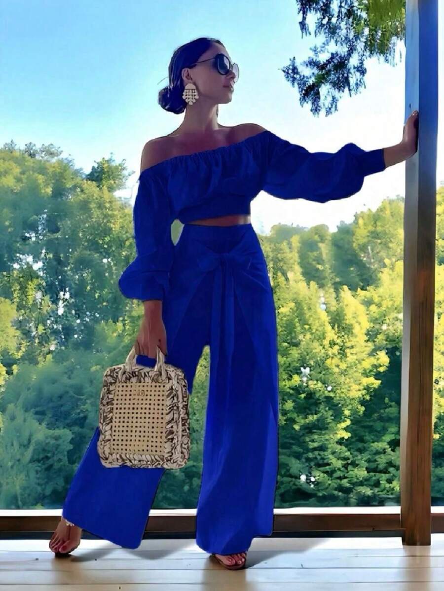 Conjunto Top De Hombro Descubierto Con Mangas Holgadas Y Pantalones Anchos De Pierna Para Mujer - Azul - Ver 1