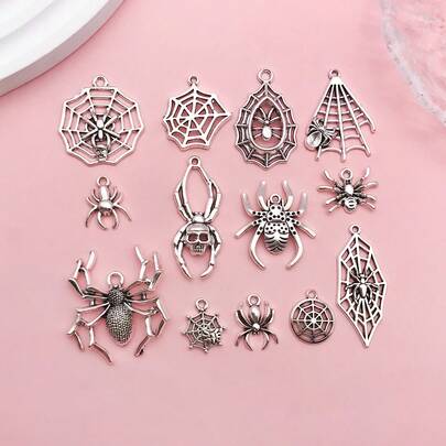 10/13pcs Spider Charms Mixed Styles Halloween Spider Web Charms Antique Silver Web Charms For Jewelry Making Bracelets Necklace