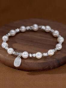 复古925纯银天然珍珠碎片圆盘手链，传统中国风设计，独特的个性化珠宝，原创淡水珍珠弹性手链，略有天然瑕疵，适合日常佩戴或特殊场合佩戴。附赠礼盒。 - 銀色 - 查看 3