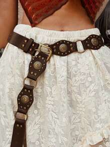 1 件女士西部牛仔复古铆钉腰带，百搭牛仔裤装饰腰带万圣节夏季、学校秋季、秋季、万圣节 - 咖啡 - 查看 6