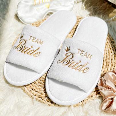 Women's White Coral Fleece Open Toe Slippers With Gold Crown Pattern And Embroidered 'Teambride' Logo, Perfect For Weddings Or Bridesmaid Gifts