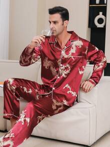 两件套男士缎面金龙印花边长袖口袋上衣配长裤睡衣套装 - 紅色 - 查看 5