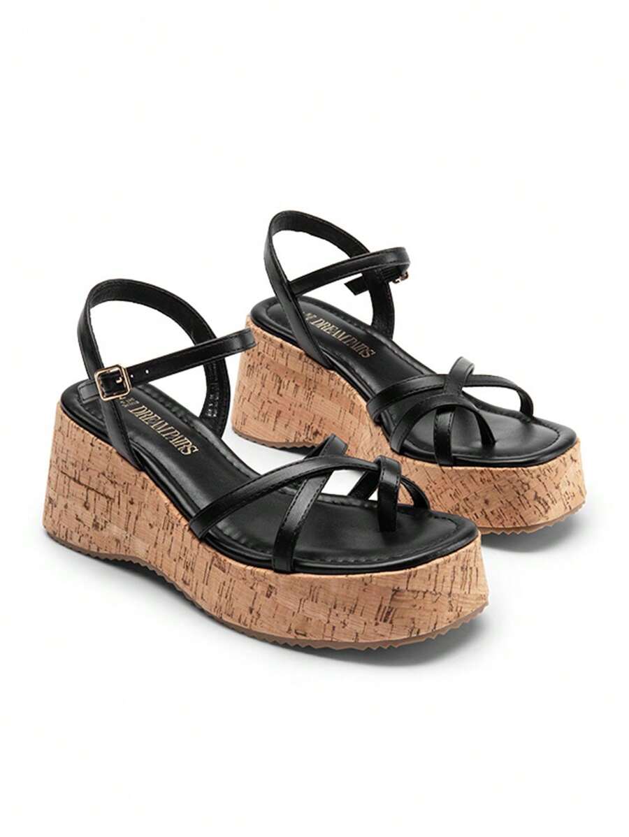Women's Wedge Sandals Comfortable Fashion Ankle Strap Buckle Cork Sole Holiday Casual Daily For Summer Shoes - màu đen - Xem 1