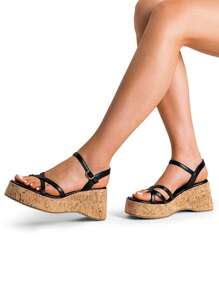 Women's Wedge Sandals Comfortable Fashion Ankle Strap Buckle Cork Sole Holiday Casual Daily For Summer Shoes - màu đen - Xem 2