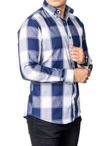 Camisa Hombre Casual Slim Fit Cuadros Azul Oscuro, Blancos - Azul lavado oscuro - Ver 4