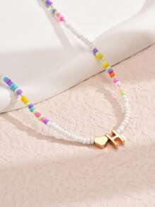 1pc Mixed-Color Rice-Shaped Beaded Heart & Letter Pendant Necklace