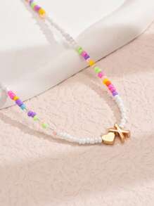 1pc Mixed-Color Rice-Shaped Beaded Heart & Letter Pendant Necklace