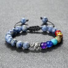 魅力大象吊墜手鍊，串珠手編手鍊，黑白天然石首飾男女禮物 - 彩色 - 查看 7