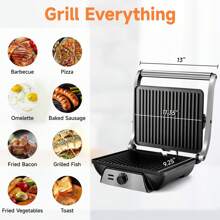 Pukomc 3-In-1 Breakfast Panini Press Electric Indoor Grill - Features Non-Stick Baking Tray, Temperature Control Knob, 180-Degree Hinge For Easy Opening, Accommodates Various Ingredients, Includes Drip Tray. - Black - View 2