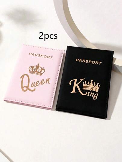 1/2 件金箔字母和皇冠设计护照夹，Pu 皮革情侣护照套，非常适合情侣一起旅行旅行护照夹旅行证件存储旅行收纳袋、化妆包、化妆包、度假收纳袋、大容量化妆品收纳盒化妆盒，适用于口红、刷子、护肤品、手机、硬币、小物品，适用于家庭、礼物、度假和节日万圣节圣诞节多功能用途，波西米亚风