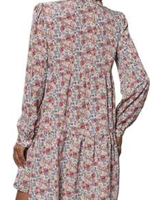 Women's Fashion Ditsy Floral V-Neck Long Sleeve Ruffle Hem Dress - Multicolor - View 2