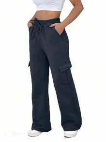Women's Plus Size Wide Leg Sweatpants Flannel Thick Fabric Winter Cargo Pants - 黑色 - 查看 4