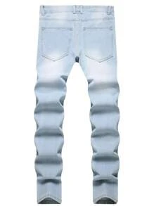 Light Blue Ripped Faded Slim Fit Straight Leg Jeans For Men, Emo Style - Baby Blue - View 2