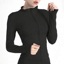 Women's Sport Jacket Lightweight Full Zip Up Yoga Jacket,Suitable For Outdoor Activities,Slim Fit Workout Gym Running With Thumb Holes, Solid Color Stand Collar Sports Tops, Slim Fit Yoga Outerwear, Women's Sportswear Workout Clothing For Indoor Outdoor Wear - 黑色 - 查看 1