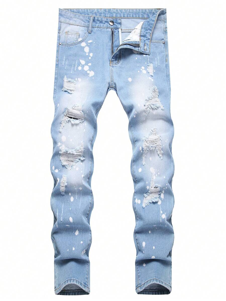 Jeans slim fit aderenti di colore blu chiaro strappati, stile europeo, stile emo, da uomo