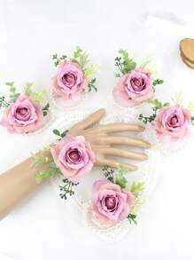 6 件/1 件新娘伴娘婚礼腕花，人造丝玫瑰和珍珠浪漫腕花，适合女性母亲婚礼舞会新娘送礼会装饰婚礼礼物 - 紫色 - 查看 11