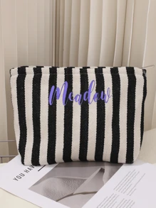 Personalized Striped Canvas Makeup Bag, Custom Name Embroidered Cosmetic Bag, Travel Toiletry Pouch, Bridesmaid Gift, Gift For Her Back To School - Multicolor - View 9