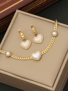 1 件最新设计白色心形项链 18k 金不锈钢首饰套装 适合女士情人节、妈妈、母亲、母亲节、礼物 - 項鍊套裝 - 查看 13