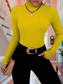 Blusa cuello de tortuga sexy ajustado manga larga para mujer - Amarillo - Ver 2