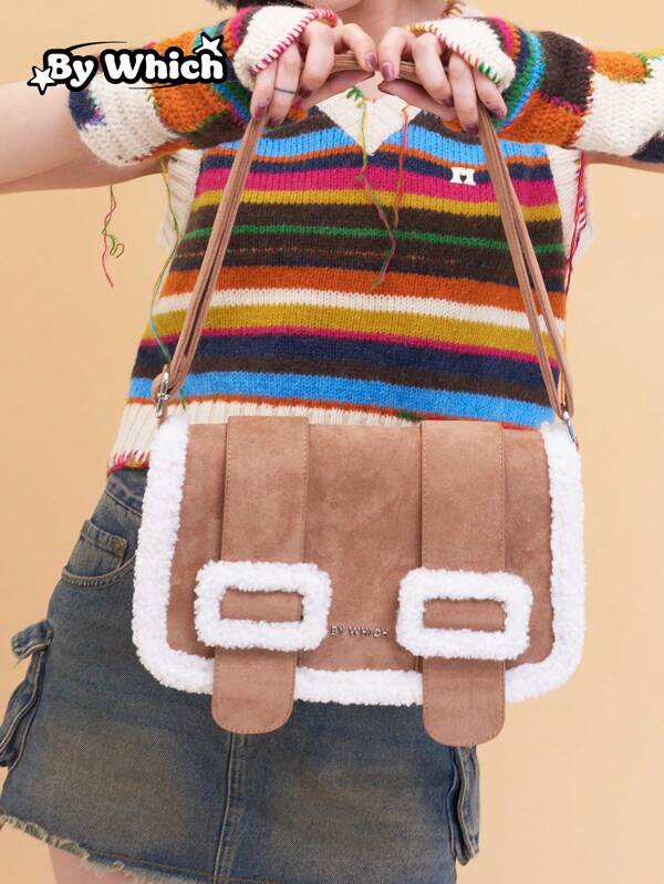 Bywhich Caramel Pudding Colorblock Plus Fleece Thick Large Capacity Simple All-Match Satchel Bag For Women, Fall And Winter Commuting, Made Of Suede And Shearling, Khaki Color