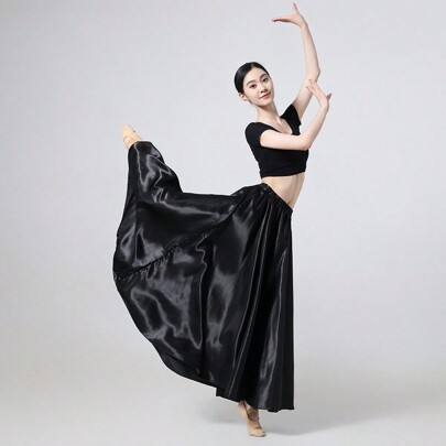 1pc Women's 95cm Satin Long Maxi Skirt, Elastic Waist Black Fall