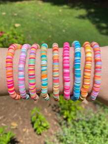 1 Peça Pulseira de Argila Simples com Contas | Pulseira de Verão Preppy | Pulseira Elástica com Contas Heishi | Joias de Garota Coco | Brilhante, Pastel, (Pode haver ligeira variação de cor) - Colorida - Visão 6