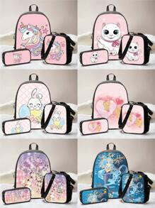 13.8inch/35cm 3pcs/Set Kids Backpack Lunch Bag Pencil Case Set, Suitable For Travel, School, Daily Use Cartoon Backpack With Padded Back And Adjustable Shoulder Straps, Fashionable, Durable, Practical (Cat Pattern) - Pink - View 1