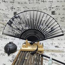1 件复古折叠竹扇，舞扇，饰有黑色蝴蝶流苏花卉图案，手动扇，夏季，节日 - 彩色 - 查看 2
