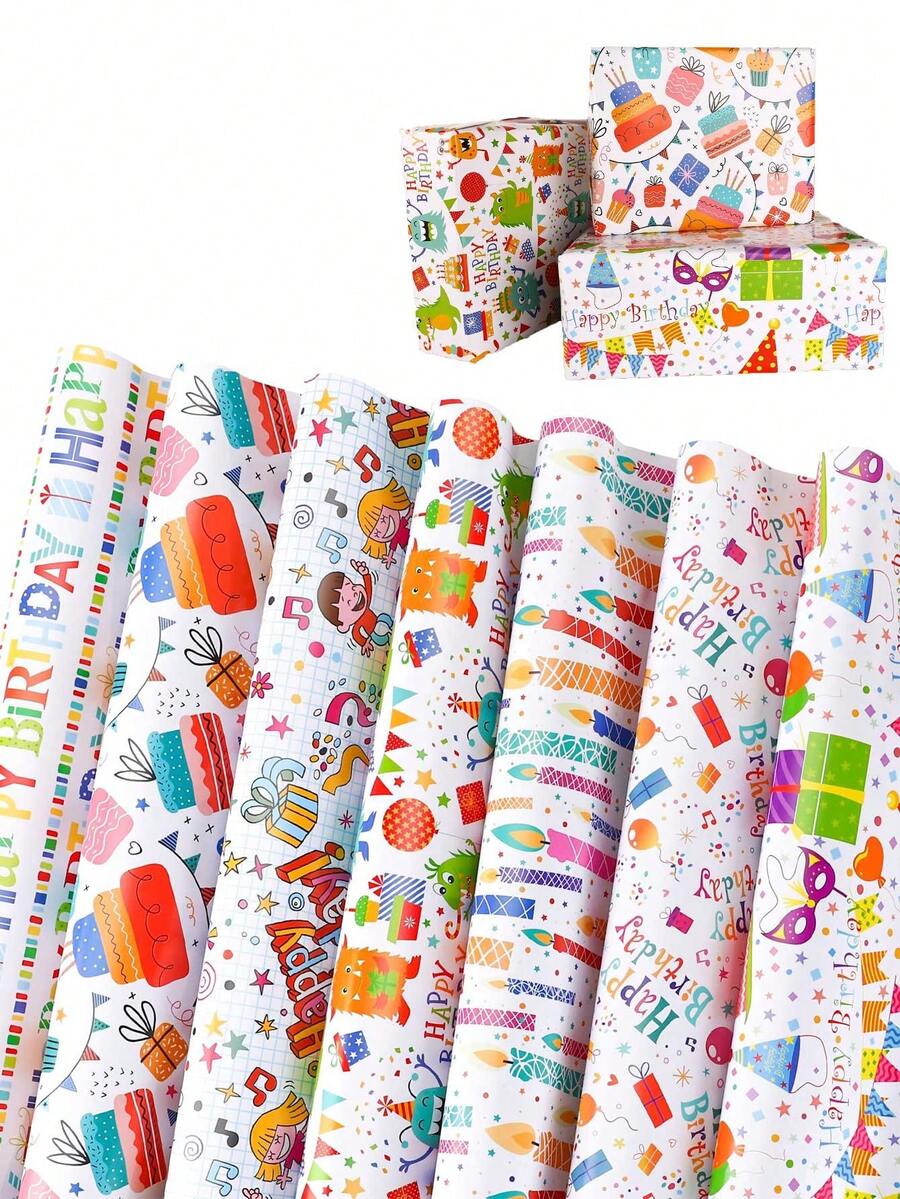 4pcs - Gift Wrapping Paper, 1 Different Style Birthday Gift Wrapping Paper For Birthday Gift Wrapping, Party Decoration, Birthday Bouquet Wrapping, Waterproof Birthday Wrapping Paper For DIY Crafts (19.7 X 27.6 Inches Per Page) - Multicolor - View 1