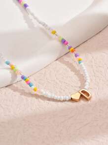 1pc Mixed-Color Rice-Shaped Beaded Heart & Letter Pendant Necklace