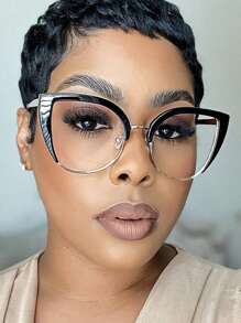 Nouvelle monture de lunettes style œil de chat européen et américain pour femmes, lunettes mode et uniques pour la rue. Accessoires de lunettes à verres plano pour femmes - Noir - Voir 2