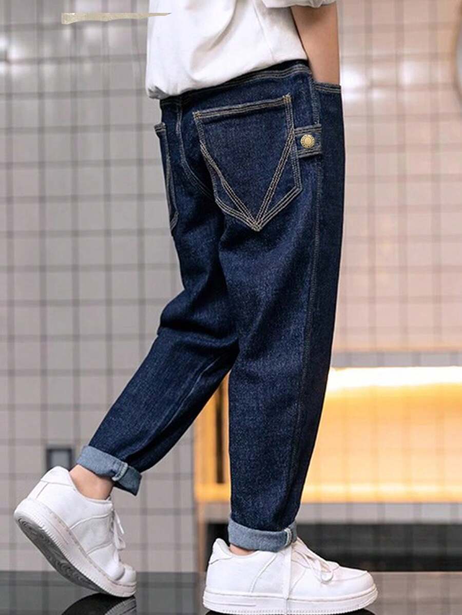 春秋季 Tween 男童弹力腰带贴袋直腿休闲牛仔裤 - 中等水洗藍 - 查看 1