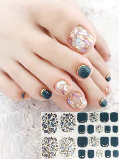 New Summer Shell 3D Laser Holographic Green 22pcs Full Nail Stickers Manicure Decals