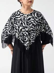 1 peça xale feminino com estampa de leopardo, flor e letra, leve, malha elástica, franjas, cachecol versátil para aquecimento, viagem, proteção solar, inverno - Multicolorido - Ver 6