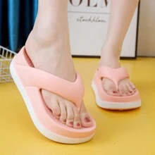 女士夏季人字拖 厚底防滑一脚蹬 色彩鲜艳 沙滩凉鞋 时尚户外 新款增高家居拖鞋 防水浴室拖鞋 时尚软底 短款女士拖鞋 室内外舒适浴室家居拖鞋 - 粉色 - 查看 3