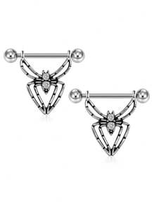 CIZME 1pair Stainless Steel Halloween Elements Nipple Ring Nipple Piercing Jewellery Skeleton Hand Spider Heart Bat Wings Tight Spell Teeth Octopus Multi-Style 14G Body Piercing Jewelry Personalized Give As A Halloween Gift - Silver - View 20