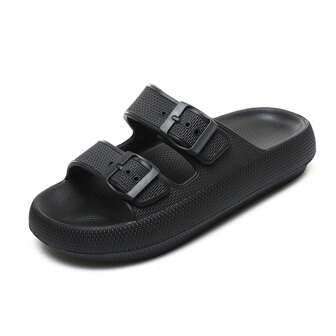 Women's Lightweight Soft & Comfortable Black Double Buckle Slippers, Waterproof, Suitable For Sandals & Thick-Soled