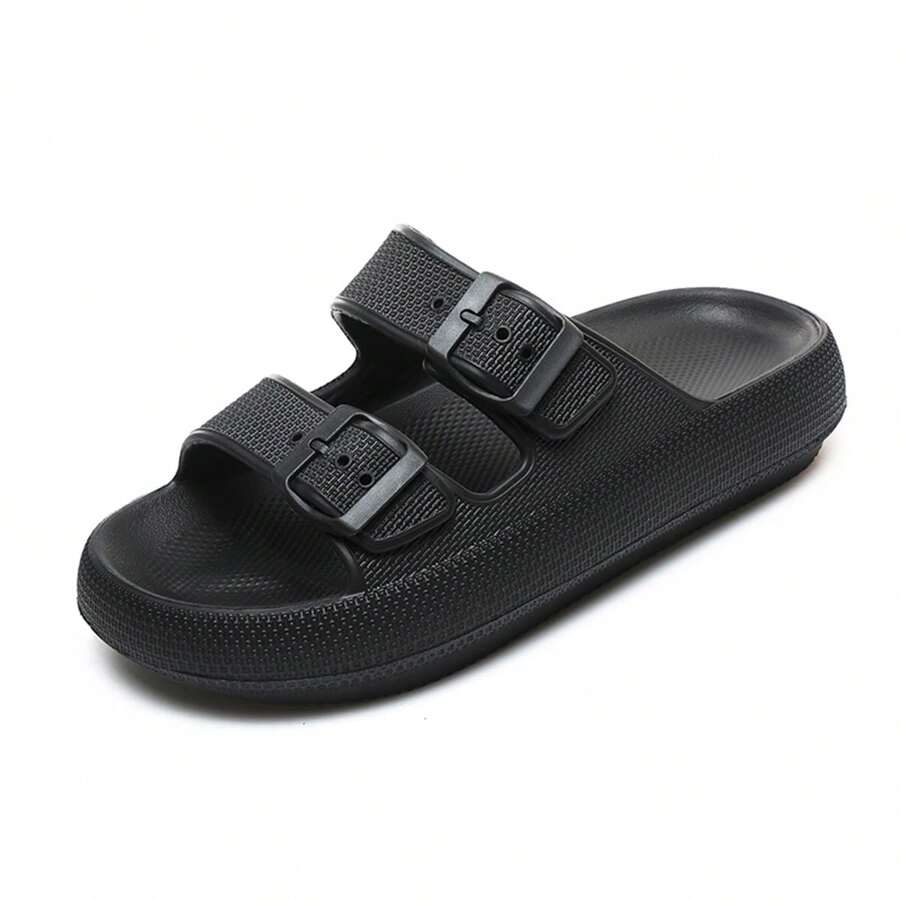 Women's Lightweight Soft & Comfortable Black Double Buckle Slippers, Waterproof, Suitable For Sandals & Thick-Soled - Black - View 1