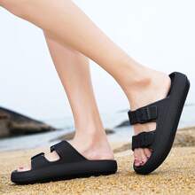 Women's Lightweight Soft & Comfortable Black Double Buckle Slippers, Waterproof, Suitable For Sandals & Thick-Soled - Black - View 6