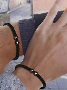 1 Pieza Pulsera Negra Trenzada Ajustable Con Perlas En Patrón De Alfabeto De 26 Letras, Cuerda De Mano De Amistad Versátil - Negro - Ver 1
