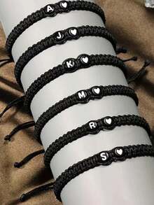 1 Pieza Pulsera Negra Trenzada Ajustable Con Perlas En Patrón De Alfabeto De 26 Letras, Cuerda De Mano De Amistad Versátil - Negro - Ver 4