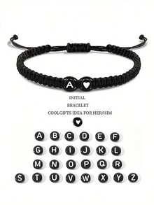 1 Pieza Pulsera Negra Trenzada Ajustable Con Perlas En Patrón De Alfabeto De 26 Letras, Cuerda De Mano De Amistad Versátil - Negro - Ver 3