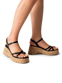Women's Wedge Sandals Comfortable Fashion Ankle Strap Buckle Cork Sole Holiday Casual Daily For Summer Shoes - màu đen - Xem 4