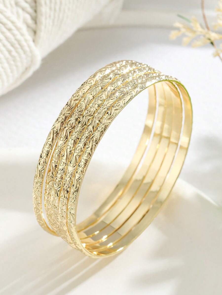 3入或5入組夏威夷設計雞蛋花手鍊套裝，14k鍍金銅手鐲 - 金色 - 查看 1