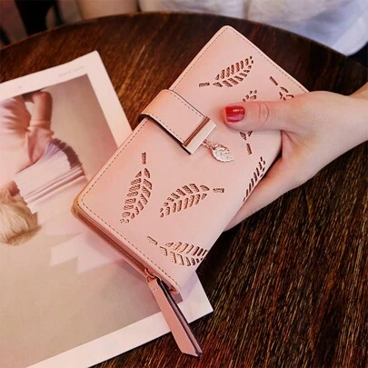 Hollow Leaves Women Wallet Zipper Wallet Card Holder With Holder With Wristlet Birthday Gifts Gifts For Friends For Daily PU Leather Minimalist Fashion Casual For Student For Women Wallet Purse Wallet Long Wallet