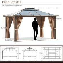 AOXUN 10x12FT Outdoor Polycarbonate Gazebo, Heavy Duty Double Roof Hardtop Gazebo With Aluminum Frame And Netting And Curtains For Patios - Brown - View 7