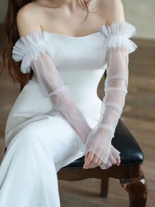 1pc Women's Long Mesh Ruffle Arm Sleeves For Wedding Dress And Formal Dress Accessories - White - View 2