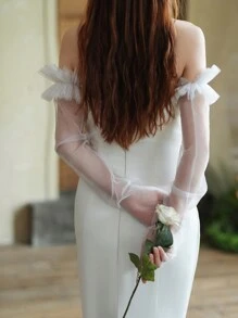 1pc Women's Long Mesh Ruffle Arm Sleeves For Wedding Dress And Formal Dress Accessories - White - View 4