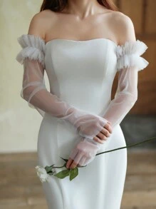 1pc Women's Long Mesh Ruffle Arm Sleeves For Wedding Dress And Formal Dress Accessories - White - View 3